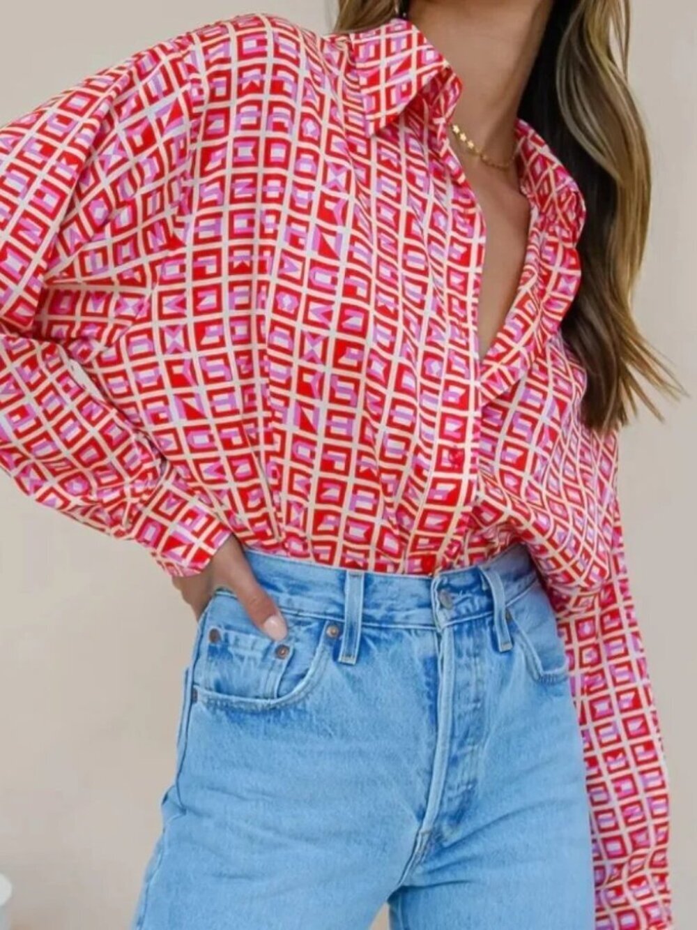 VRG GRL Geometric Printed Satin Button Down Shirt - Red/Pink - US 4 / AUS 8